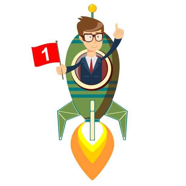 istock Happy businessman with number one flag on a rocket ship launching to starry sky. 1097682926