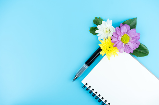 En Blanco Cuaderno Con Pluma De Tinta Y Decorar De Flores Y Hojas Verdes Sobre Fondo De Color Foto de stock y más banco de imágenes de Abierto - iStock En Blanco Cuaderno Con Pluma De Tinta Y Decorar De Flores Y Hojas Verdes Sobre Fondo De Color Foto de stock y más banco de imágenes de Abierto - iStock