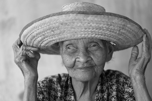Close up of Senior asian woman, Thailand, Black and white