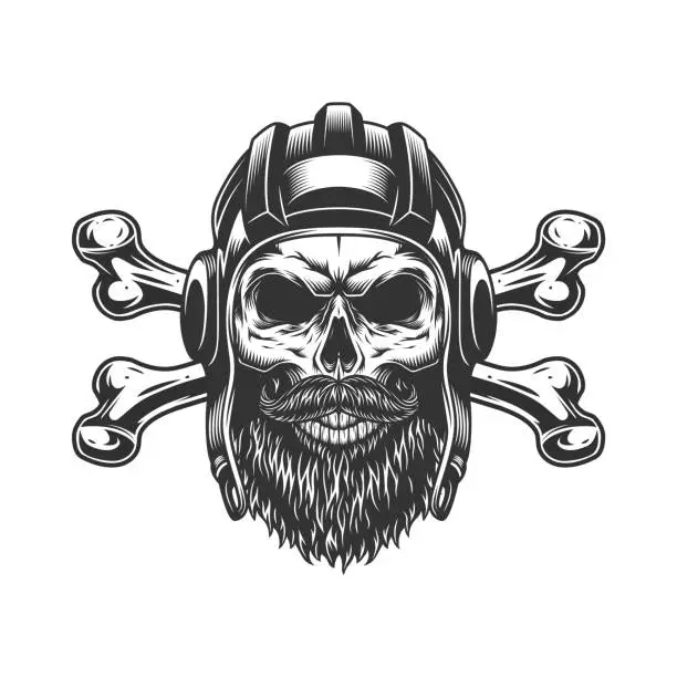 Vector illustration of Bearded and mustached tankman skull