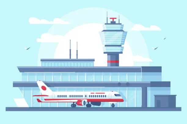 Vector illustration of Flat airplane in airport on runway near building with tower.