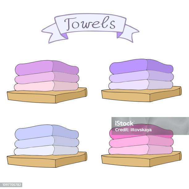 Blue Pink Purple Towels Collection With Ribbon Vector Hand Drawn Set Bath Towels Clip Art Sketch Illustration Stock Illustration - Download Image Now