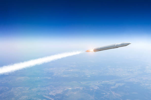 istock Missile launched from the ground, flying in the air. 1097720854