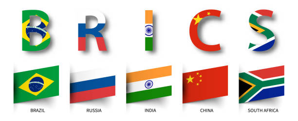 ilustrações, clipart, desenhos animados e ícones de brics. associação de 5 países e bandeiras. fundo isolado. vector - brics