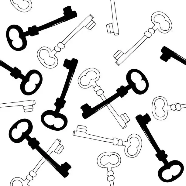 Vector illustration of A seamless vector pattern with ink hand drawn skeleton keys, in black and white