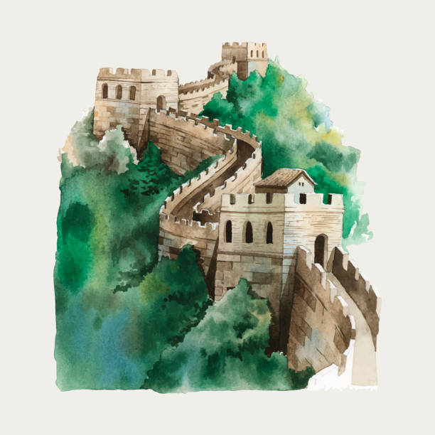 illustrazioni stock, clip art, cartoni animati e icone di tendenza di l'illustrazione dell'acquerello della grande muraglia cinese - travel locations europe china beijing