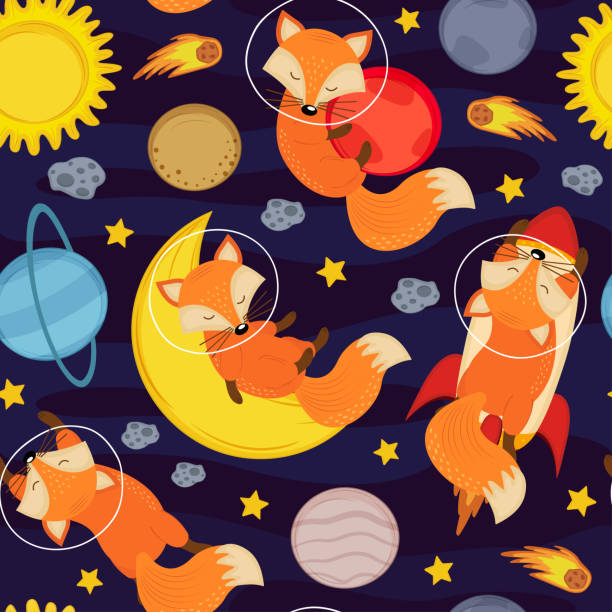 seamless pattern with cute fox in space vector art illustration