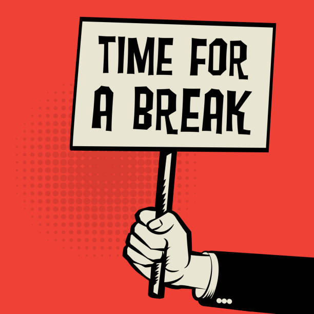 ilustraciones, imágenes clip art, dibujos animados e iconos de stock de cartel en la mano, concepto de negocio con tiempo para un descanso - break