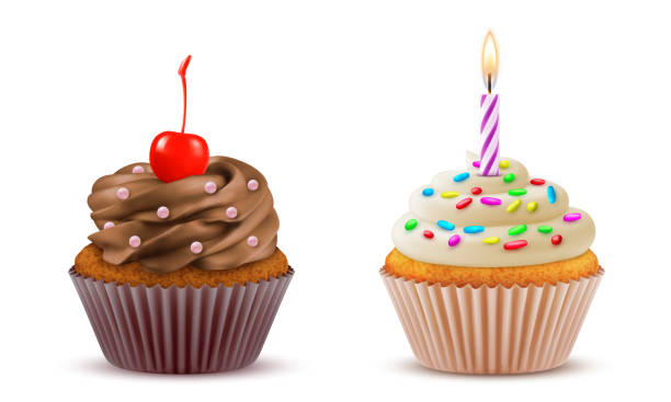 кекс реалистичный набор. кондитерская, кондитерские, праздничный сладкий десертный торт. - cupcake cake birthday candy stock illustrations