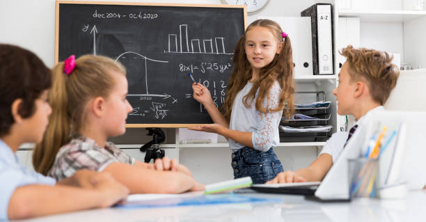istock Girl discussing about mathematical formulas 1097732670