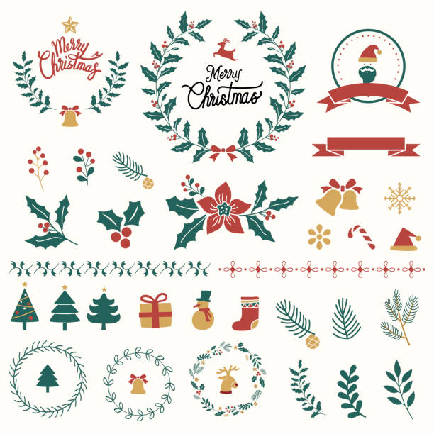 seni ornamen natal - holiday badges ilustrasi stok