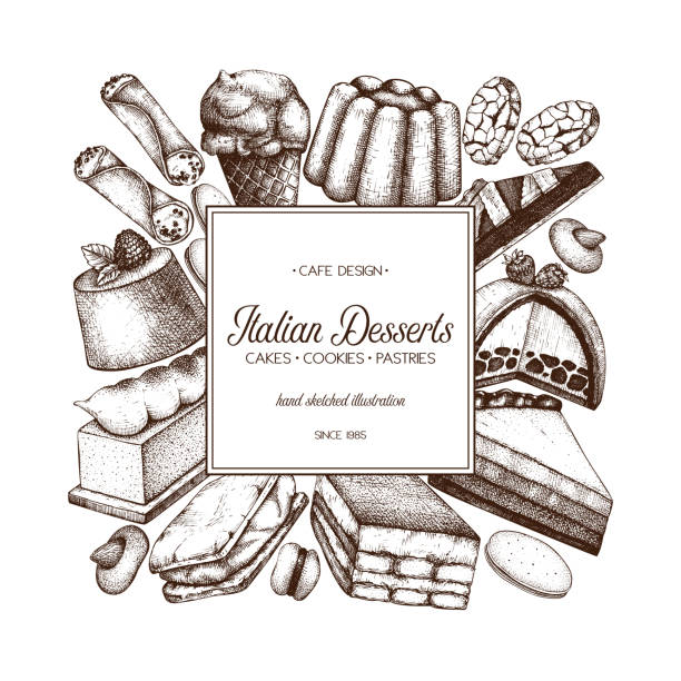 Italian desserts design template Italian desserts cafe design. Vector cakes, cookies and pastries background. Traditional sweet food sketches in engraved style. Vintage frame for cafe or restaurant. Menu template. cannoli vector stock illustrations