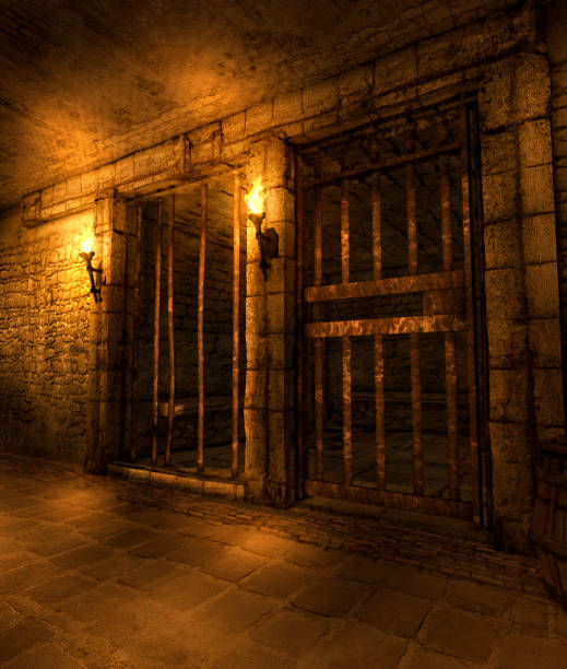 Dungeon Fantasy Hallway with Cells A medieval fantasy dungeon hallway lined with prison cells, illuminated by torches, 3d render dungeon medieval prison prison cell stock pictures, royalty-free photos & images