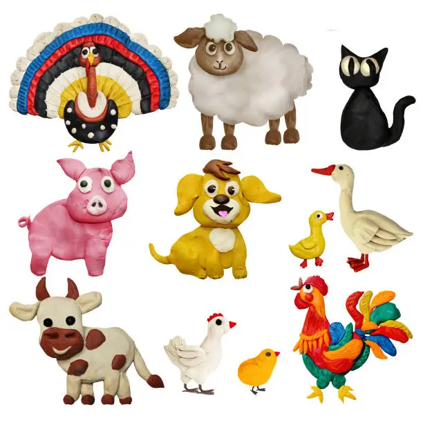 Photo of Colorful plasticine 3D farm animals pets   icons set isolated on white background