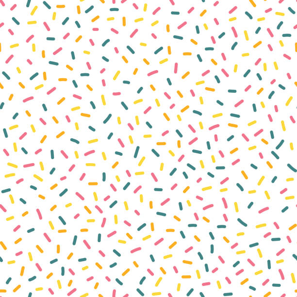 Decorative party sprinkles seamless repeat vector Decorative party sprinkles seamless repeat vector pattern. Blue, yellow, and pink candy kids party decor on white background. Great for birthday, card, invitation, packaging, celebration, kids, bakery nonpareils stock illustrations