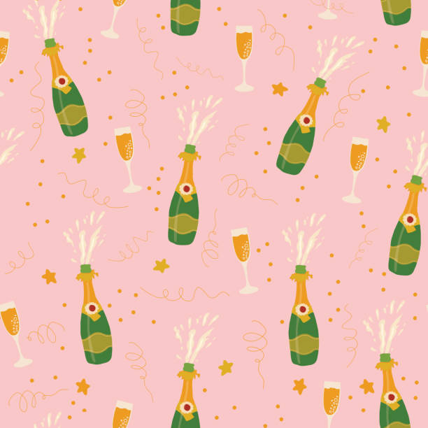 Champagne bottles and glasses vector pattern pink Champagne bottles and glasses vector seamless pattern on pink background. Hand drawn champagne explosion and champagne flutes. Coordinate for sip and see collection. Party invitation, holiday card cocktail patterns stock illustrations