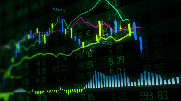 istock 3D rendering of stock indexes in virtual space. Economic growth, recession 1097752336