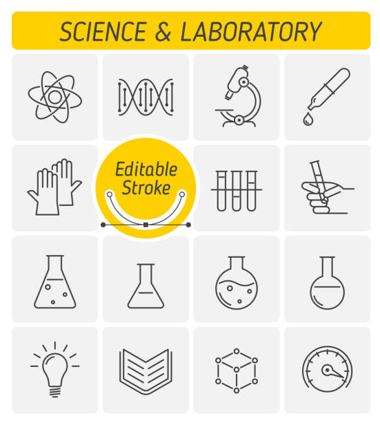 The science and laboratory outline vector icon set. The science and laboratory outline icon set. The scientific research, science experiment, lab glassware, measuring device line symbols. The chemical lab linear vector icons with editable strokes. science research stock illustrations