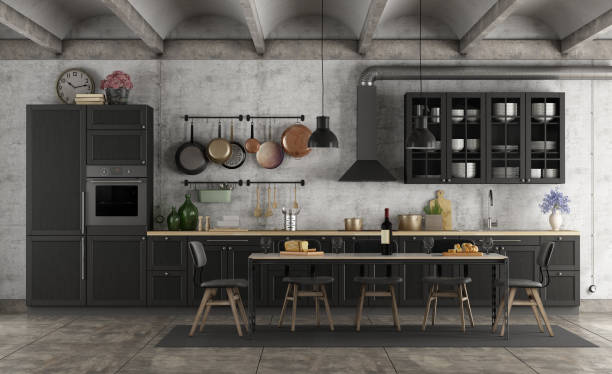 istock Retro black kitchen in a grunge interior 1097755652