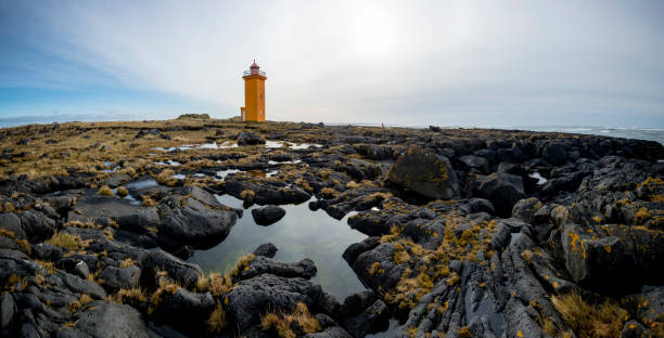 Icelandic lighthouse on a beautiful cliff with grass stock photo