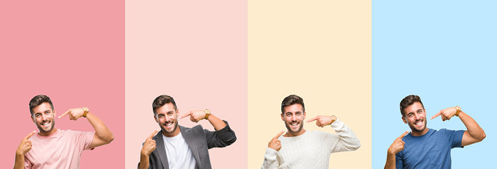 Collage of handsome young man over colorful stripes isolated background smiling confident showing and pointing with fingers teeth and mouth. Health concept.