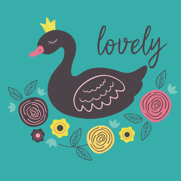 ilustrações de stock, clip art, desenhos animados e ícones de poster with lovely princess black swan - swan princess cartoon crown