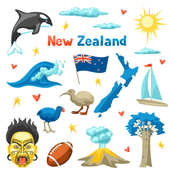 New Zealand icons set. New Zealand icons set. Oceanian traditional symbols and attractions. kiwi bird stock illustrations