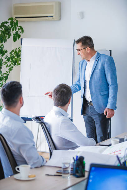istock Businessman drawing on flipchart on a meeting, colleagues looking 1097775430