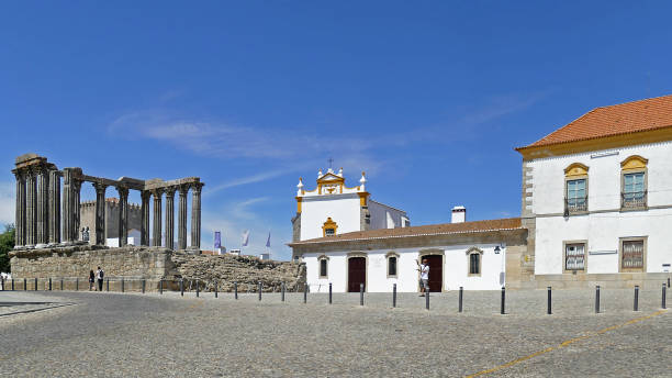 City of Evora in Portugal with the ancient Temple of Diana from the Roman times stock photo