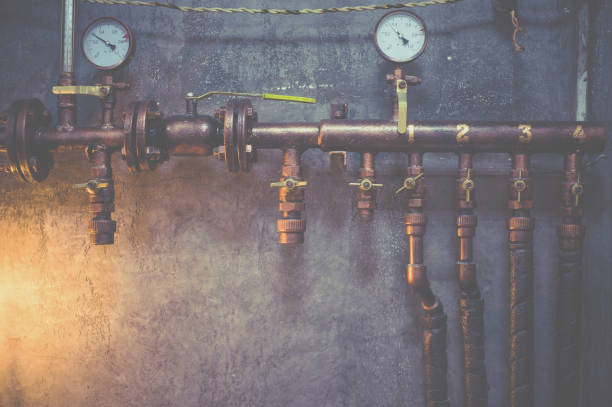 istock Plumbing pipes against a gray wall in style loft 1097780988