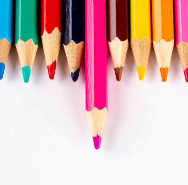 close up of various coloured pencils used in art