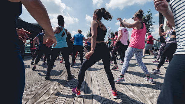 Zumba Amsterdam 2018 People dance Zumba on the roof at Sir. Adam, next to Eye museum & the Adam Tower in Amsterdam. 3 july 2018 2018 stock pictures, royalty-free photos & images