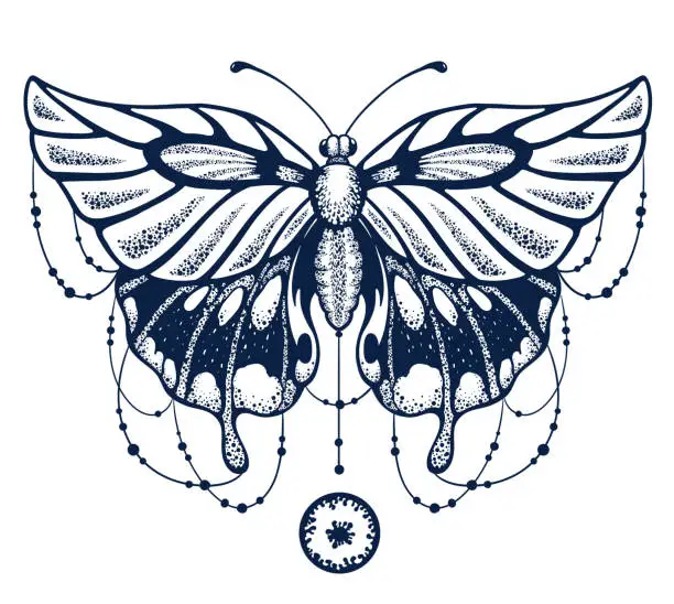 Vector illustration of Beautiful Winged Butterfly with beads. Tattoo