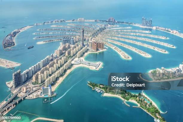 Aerial View Of Dubai Palm Jumeirah Island United Arab Emirates Stock Photo - Download Image Now