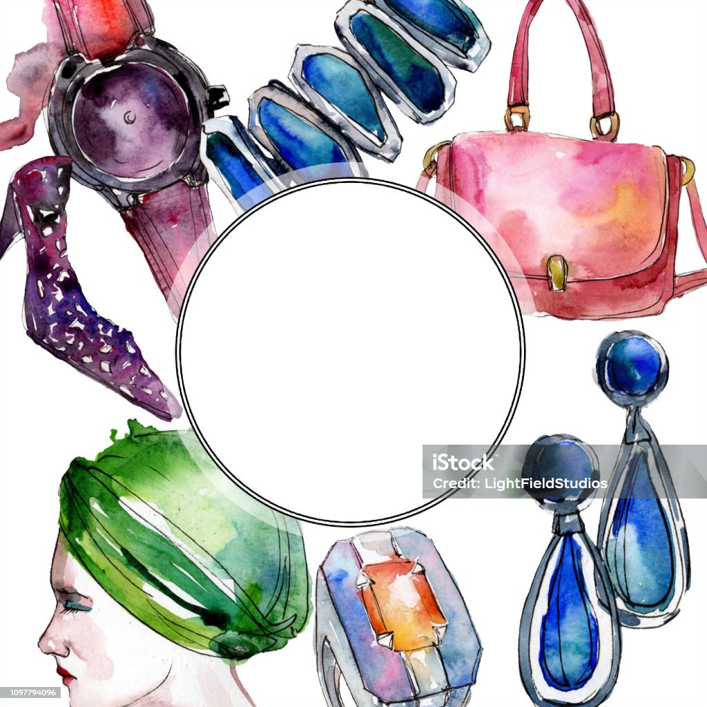 Clothes Accessories Set Trendy Vogue Outfit Watercolor Background  Illustration Set Frame Border Ornament Square Stock Illustration - Download  Image Now - iStock