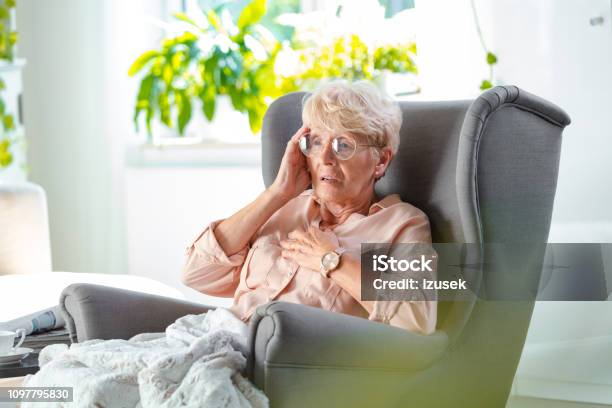 Worried Elderly Lady Having Pain In Chest Stock Photo - Download Image Now - Senior Adult, Terrified, Heart Attack