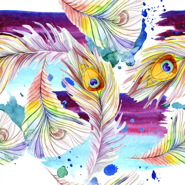 istock Colorful bird feather from wing isolated. Watercolour drawing fashion aquarelle isolated. Seamless background pattern. 1097797300