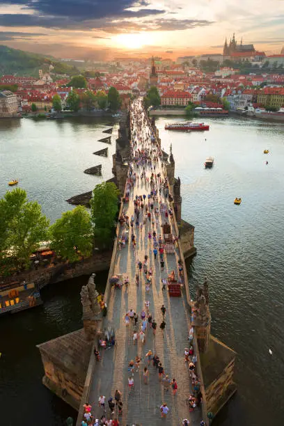 View on Charles Bridge in Prague at sunset  from above