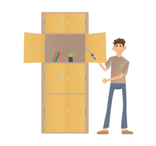 istock Young man assembling a cupboard. Man standing in front of a closet with a screwdriver in his hand. Colorful flat vector illustration. Isolated on white background. 1097799702