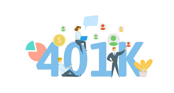 401K pension account, retirement. Acronym with characters, letters and text. Flat vector illustration on white background. 401K pension account, retirement. Acronym with characters, letters and text. Colored flat vector illustration on white background. retirement planning advisor stock illustrations