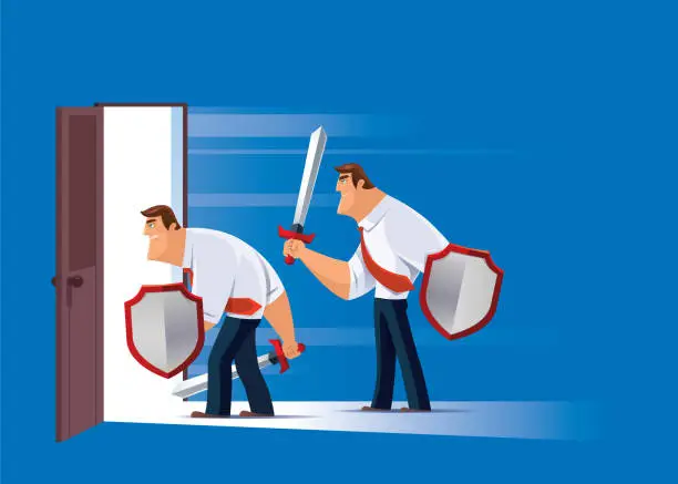Vector illustration of two businessmen defending from entrance