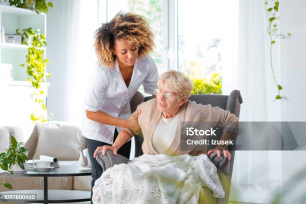 Home Nurse Helping An Elderly Lady To Stand Up Stock Photo - Download Image Now - Senior Adult, Women, A Helping Hand