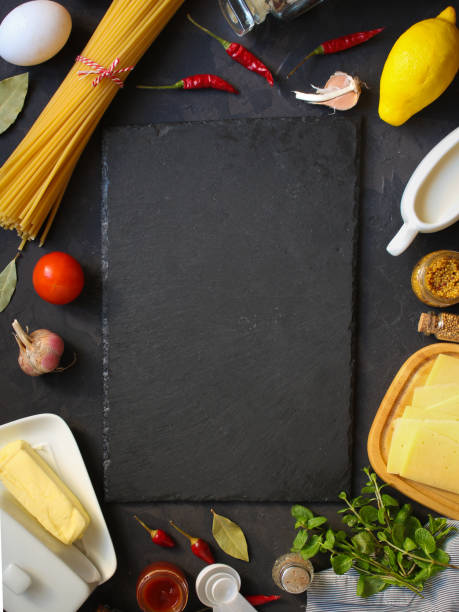 istock pasta, long, Spaghetti or Bucatini (ingredients for pasta and sauce) set of ingredients. food background. copy space 1097800526