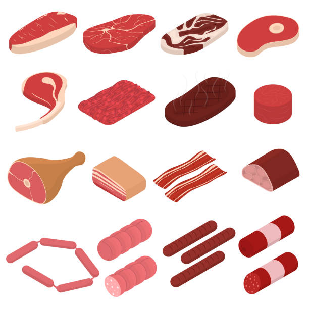 illustrations, cliparts, dessins animés et icônes de signe de viande ensemble d’icônes 3d isométrique. vector - steak meat raw beef