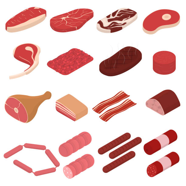 illustrazioni stock, clip art, cartoni animati e icone di tendenza di segno di carne 3d icona set isometric view. vettore - steak meat raw beef