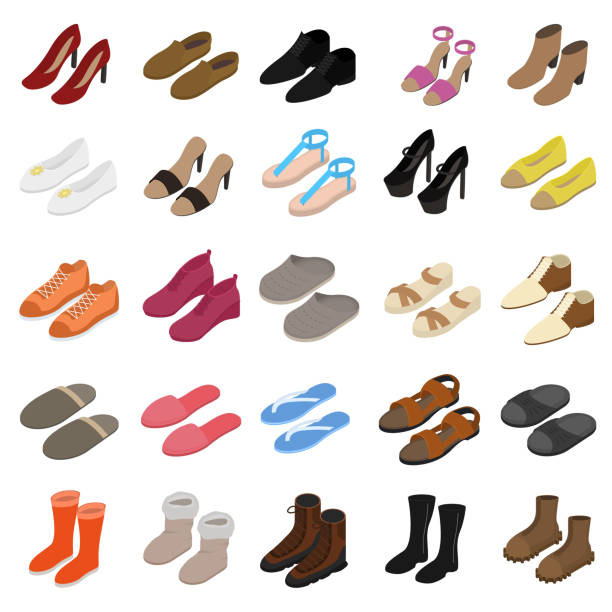 Shoes Sign 3d Icon Set Isometric View. Vector Shoes Sign 3d Icon Set Isometric View Include of Sneaker, Sandal, Slipper, Loafer, Ballet and Moccasin. Vector illustration of Icons shoe-lace-pattern stock illustrations