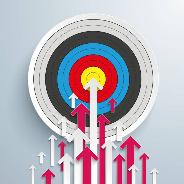 Arrows Up White Pink Centre Target White and pink arrows with target on the gray background. Eps 10 vector file. target acquisition stock illustrations