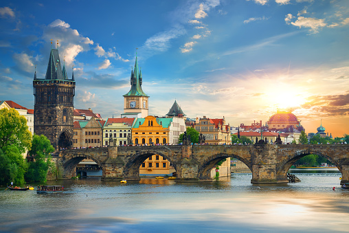 General view of Prague from the Vltava River, Czech Republic.