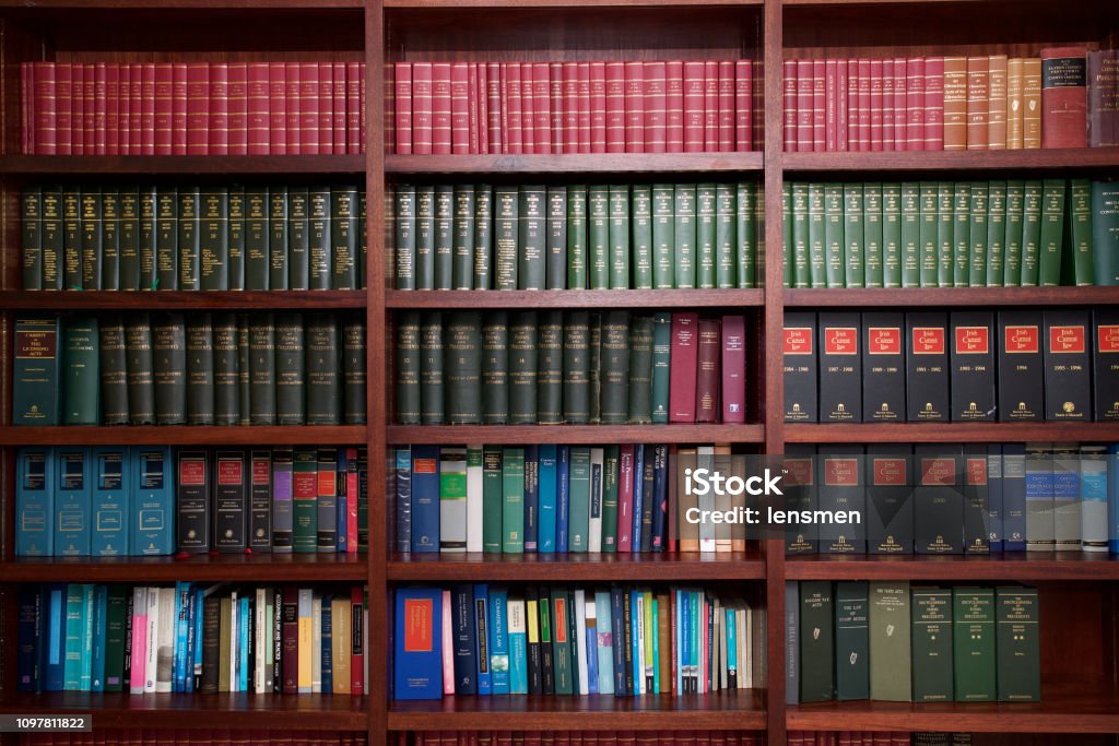Bookshelf of Irish Legal Books A bookshelf containing volumes of books about Irish Law. Book Stock Photo