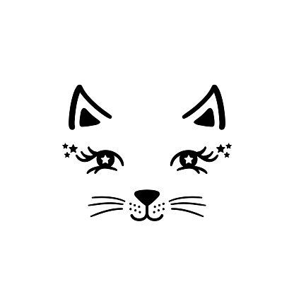 Hand drawn cute little kitty girl face. Sketch isolated cartoon illustration for kids print, t-shirt, book, textile, room poster, greeting card. Vector clipart character.